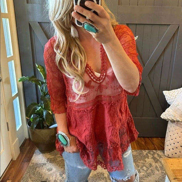 Hailey Red Crochet Lace Blouse Bohemian Blouse