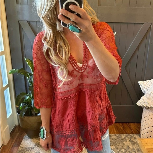 Hailey Red Crochet Lace Blouse Bohemian Blouse