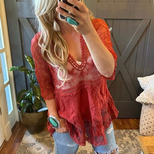 Hailey Red Crochet Lace Blouse Bohemian Blouse