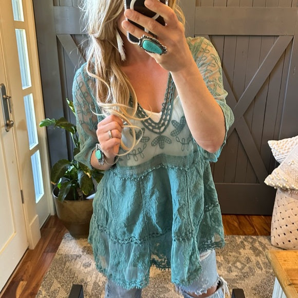 Hailey Teal Crochet Lace Blouse Bohemian Blouse