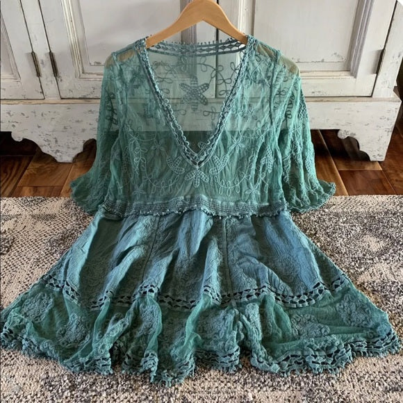 Hailey Teal Crochet Lace Blouse Bohemian Blouse