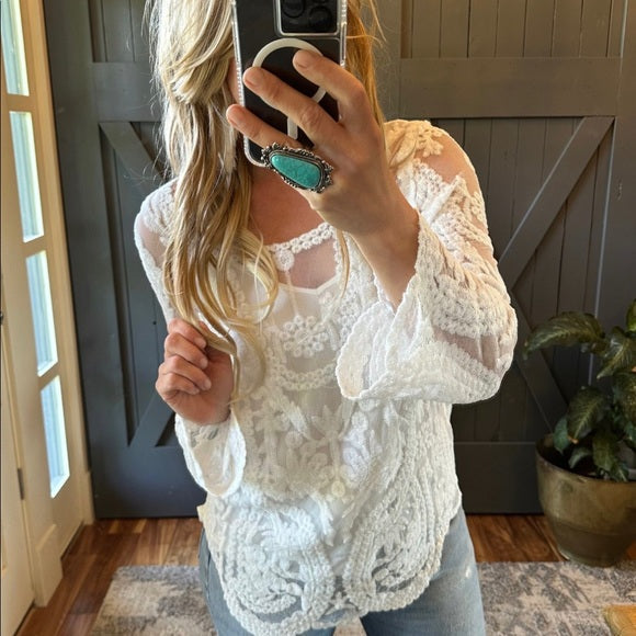 Twin Falls Crochet Cotton Lace Long Sleeve Blouse