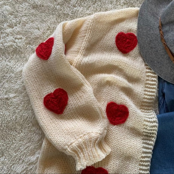 Heart Embroidered Patch Cardigan Sweater