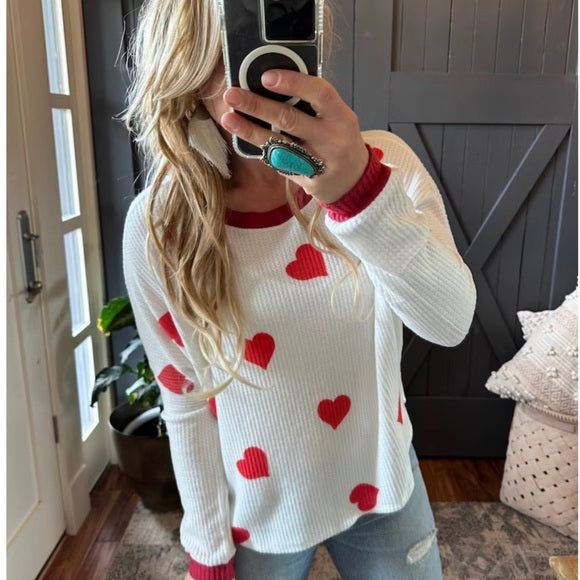Heart Print Waffle Weave Thermal Top