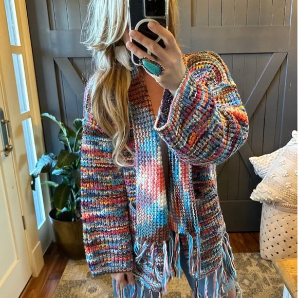 Confetti Knit Long Fringe Handmade Cardigan Sweater