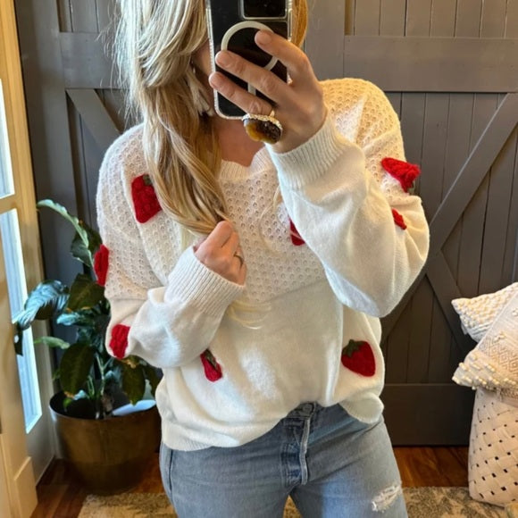 Farmer's Market Strawberry Patch White Pullover Sweater