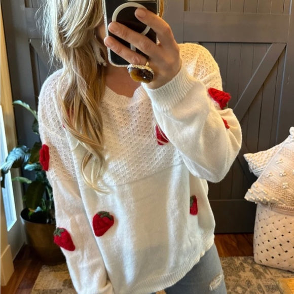 Farmer's Market Strawberry Patch White Pullover Sweater