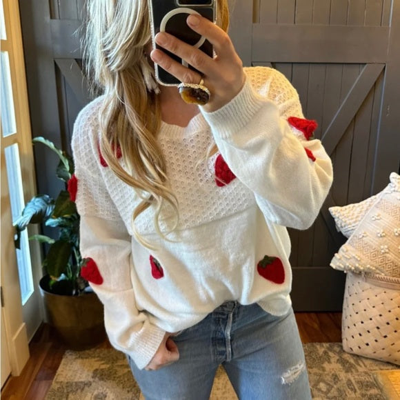 Farmer's Market Strawberry Patch White Pullover Sweater