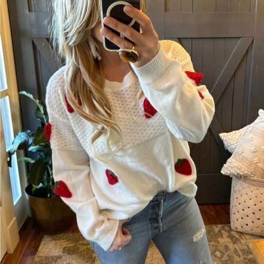 Farmer's Market Strawberry Patch White Pullover Sweater