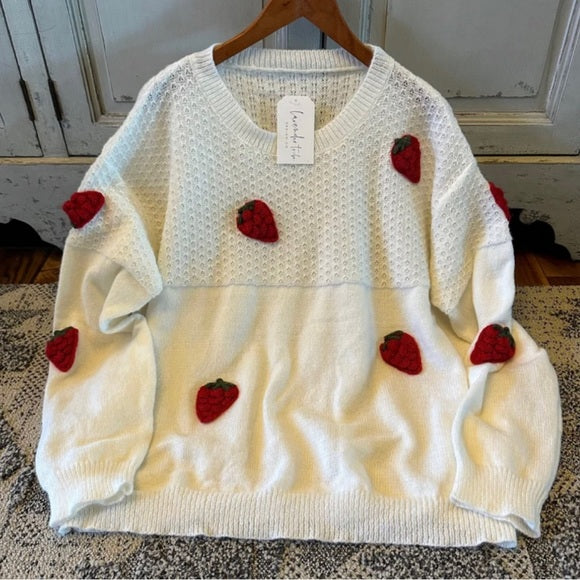 Farmer's Market Strawberry Patch White Pullover Sweater