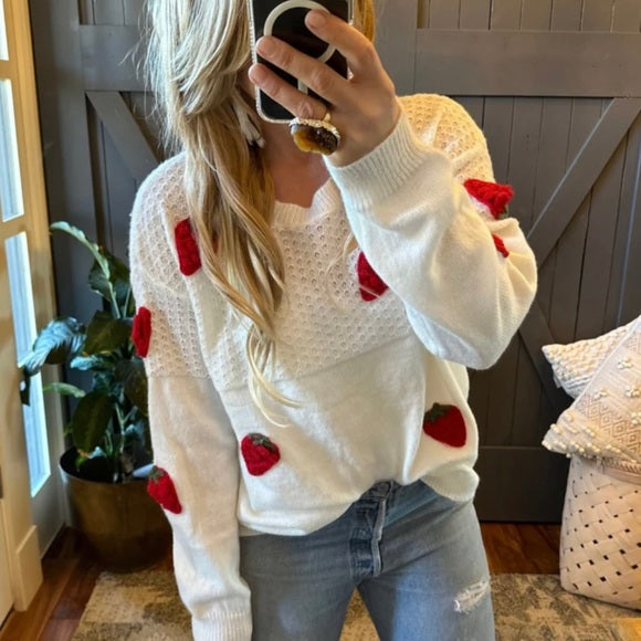 Farmer's Market Strawberry Patch White Pullover Sweater