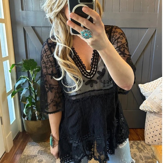 Hailey Black Crochet Lace Blouse Bohemian Blouse