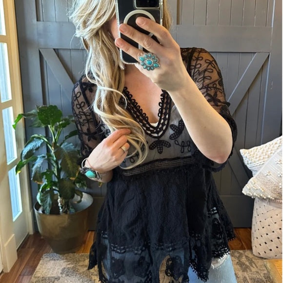 Hailey Black Crochet Lace Blouse Bohemian Blouse