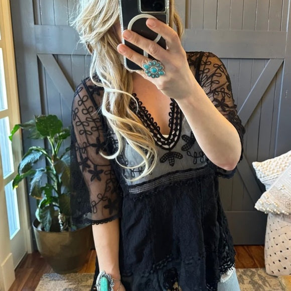 Hailey Black Crochet Lace Blouse Bohemian Blouse