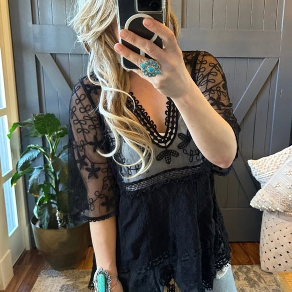 Hailey Black Crochet Lace Blouse Bohemian Blouse