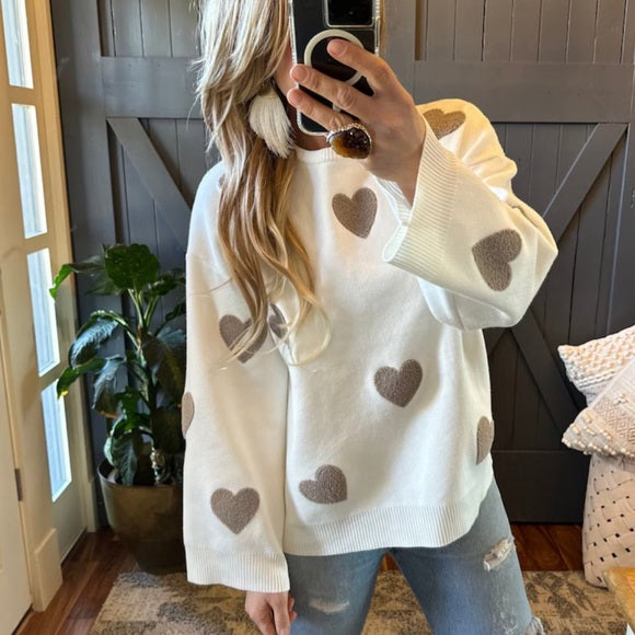 Heart Embroidered White Pullover Sweater