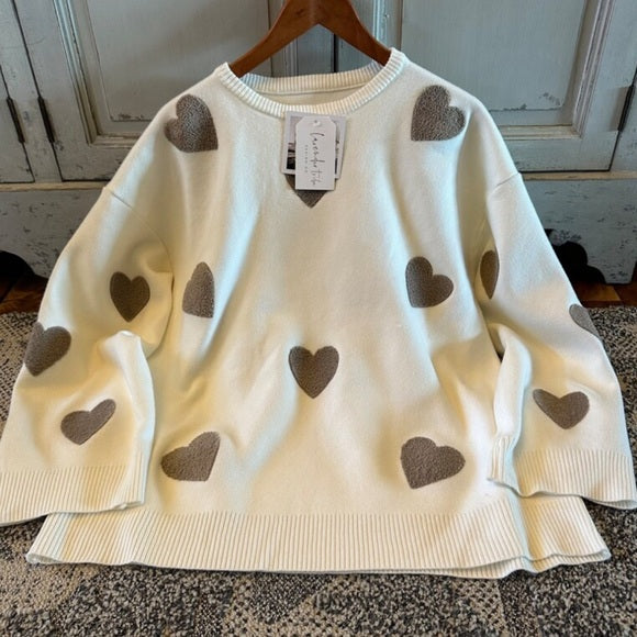 Heart Embroidered White Pullover Sweater