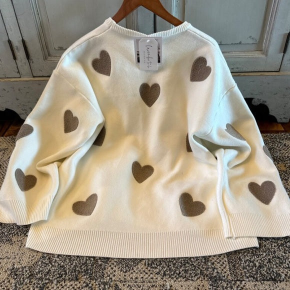 Heart Embroidered White Pullover Sweater