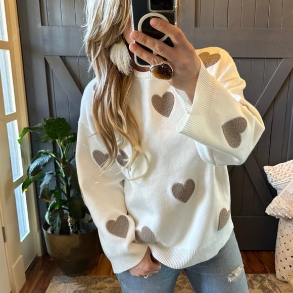 Heart Embroidered White Pullover Sweater