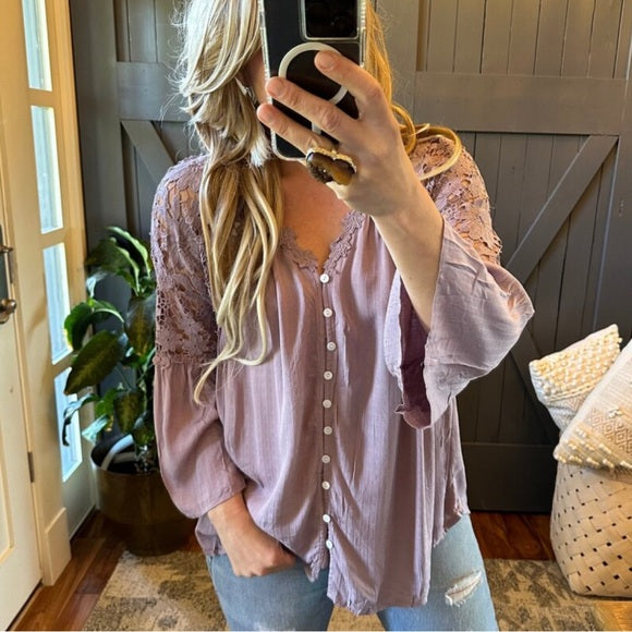 Roslyn Lilac Lace Long Sleeve Button Front Blouse