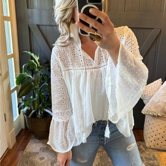 Dillon Eyelet White Lace Chiffon Blouse