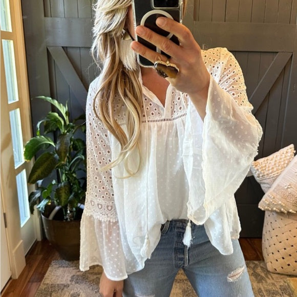 Dillon Eyelet White Lace Chiffon Blouse