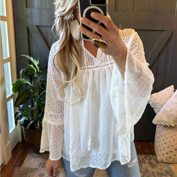 Dillon Eyelet White Lace Chiffon Blouse