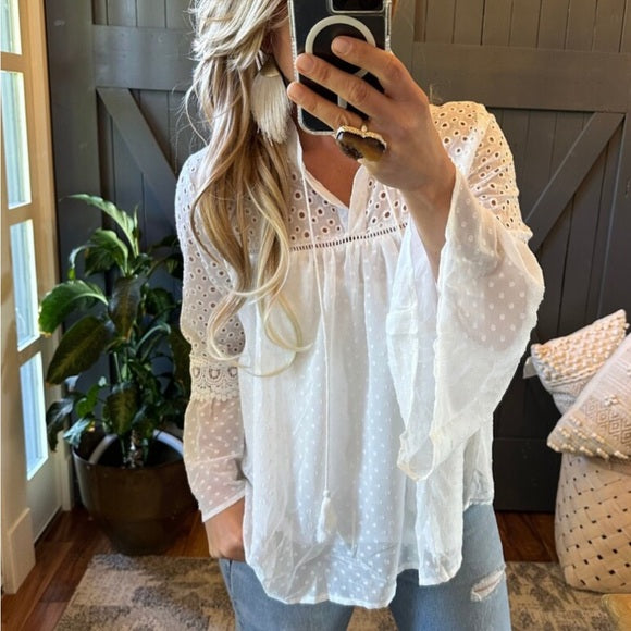 Dillon Eyelet White Lace Chiffon Blouse