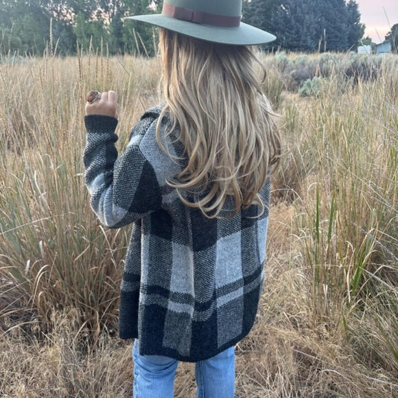 Sundance Grey Buffalo Plaid Hooded Cardigan Sweater