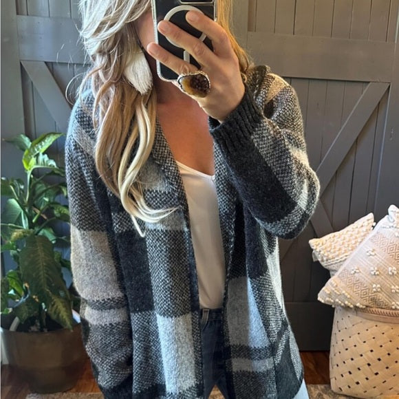 Sundance Grey Buffalo Plaid Hooded Cardigan Sweater