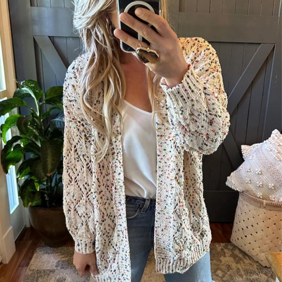 Confetti Knit Distressed Hem Cardigan Sweater