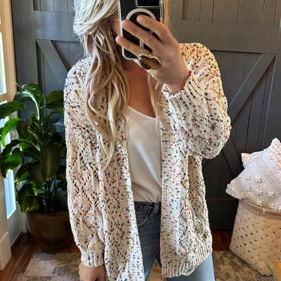 Confetti Knit Distressed Hem Cardigan Sweater