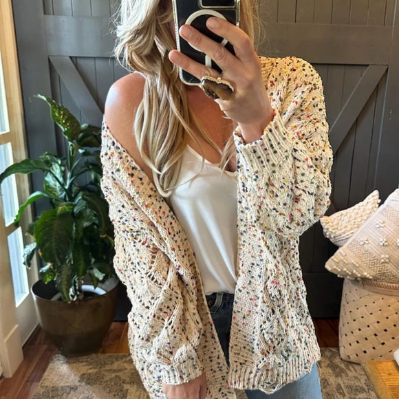 Confetti Knit Distressed Hem Cardigan Sweater