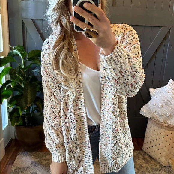 Confetti Knit Distressed Hem Cardigan Sweater