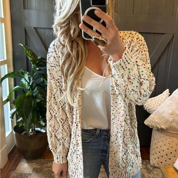 Confetti Knit Distressed Hem Cardigan Sweater