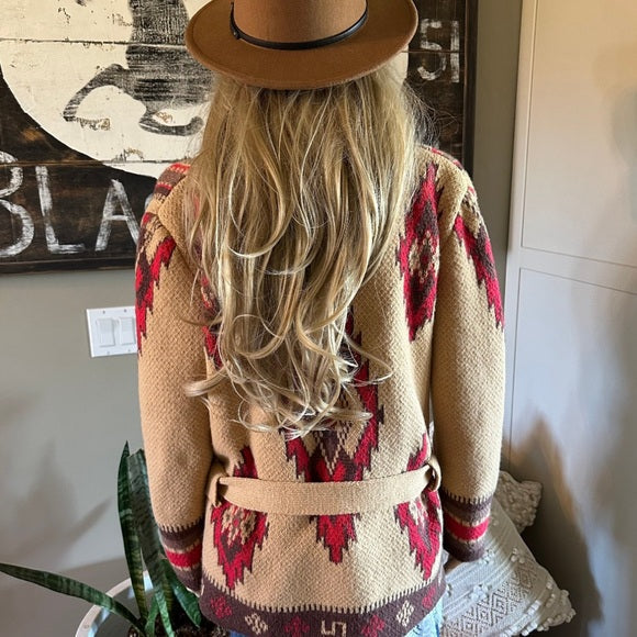 Western Cowichan Print Belted Cardigan Sweater