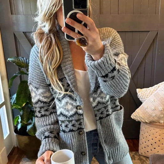 Western Cowichan Print Grey Cardigan Sweater