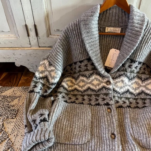 Western Cowichan Print Grey Cardigan Sweater