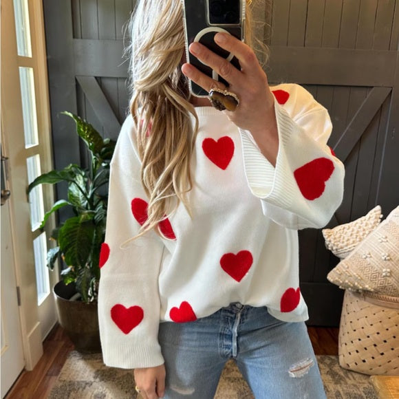 Heart Embroidered White & Red Pullover Sweater