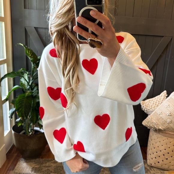 Heart Embroidered White & Red Pullover Sweater