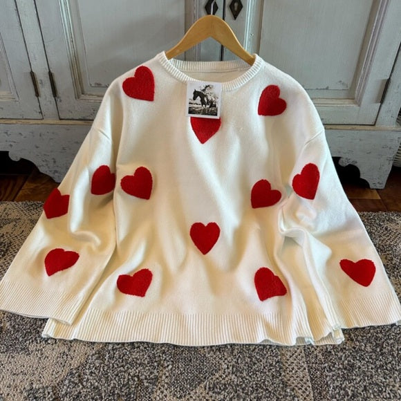 Heart Embroidered White & Red Pullover Sweater