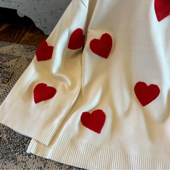 Heart Embroidered White & Red Pullover Sweater