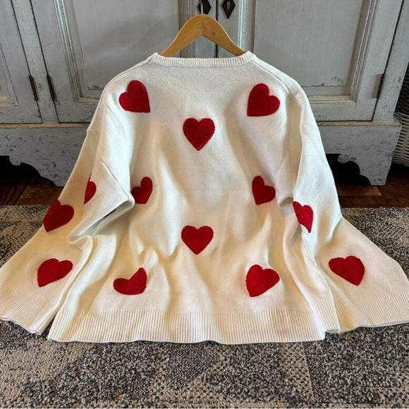 Heart Embroidered White & Red Pullover Sweater