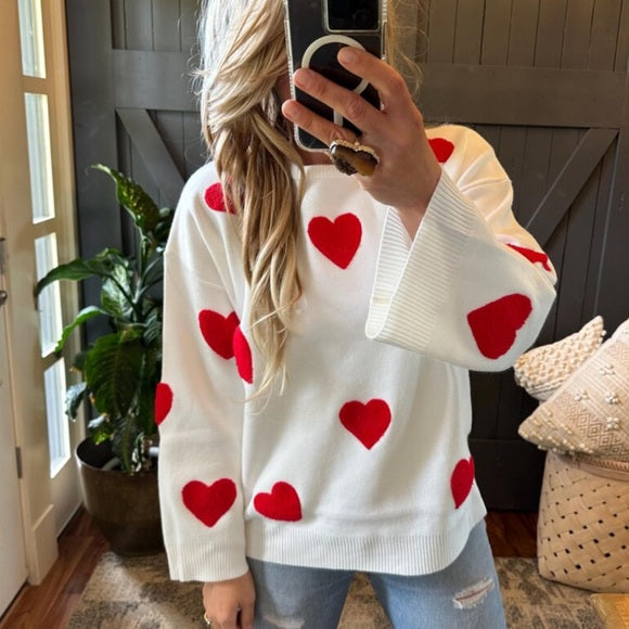 Heart Embroidered White & Red Pullover Sweater