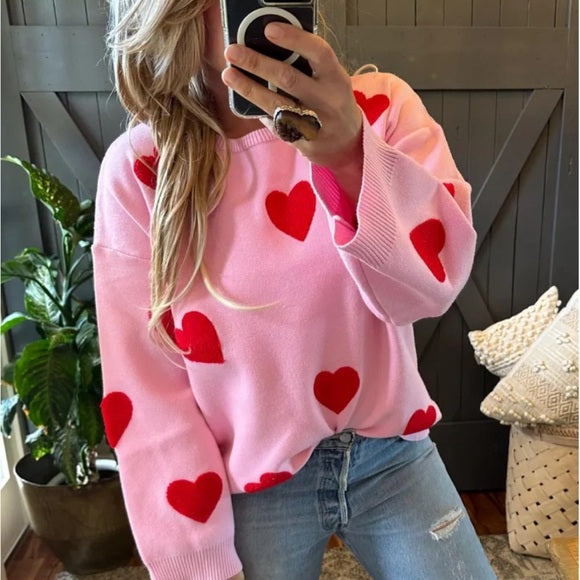 Heart Embroidered Pink Pullover Sweater