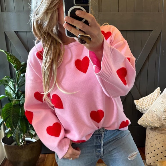 Heart Embroidered Pink Pullover Sweater