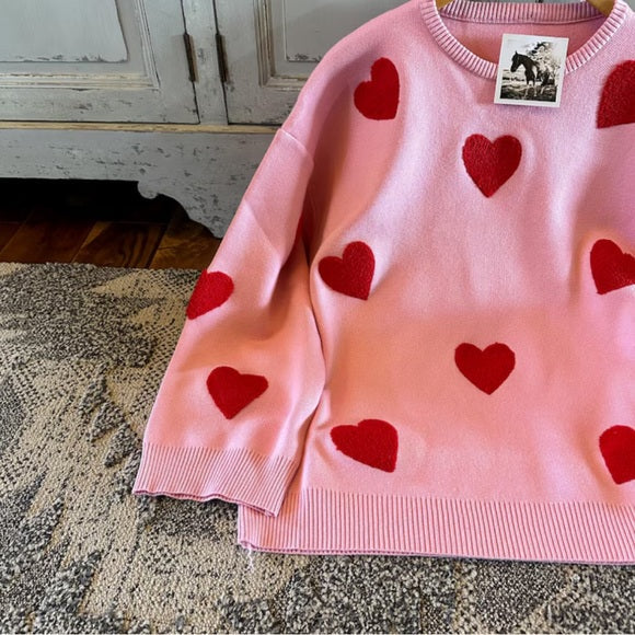 Heart Embroidered Pink Pullover Sweater